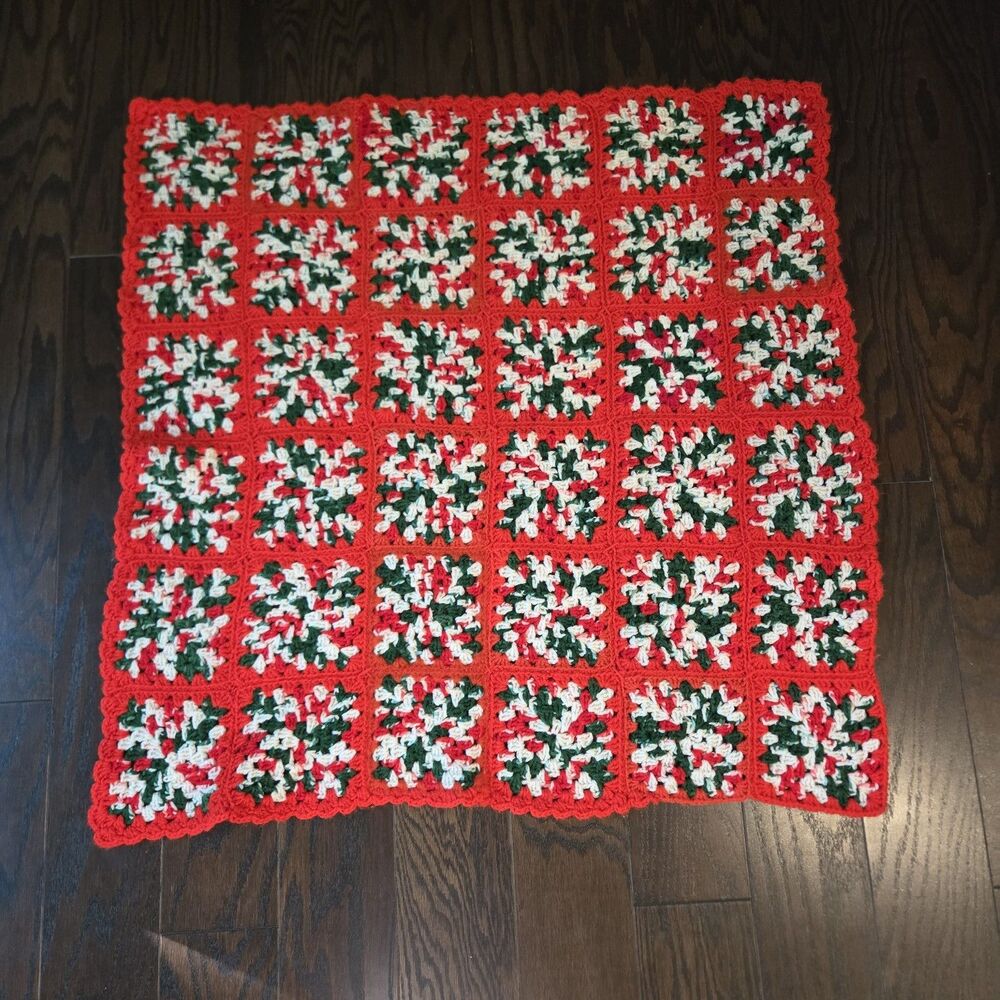 Handmade Crochet Christmas Afghan Throw Granny Square Lap Blanket 34” x 34”